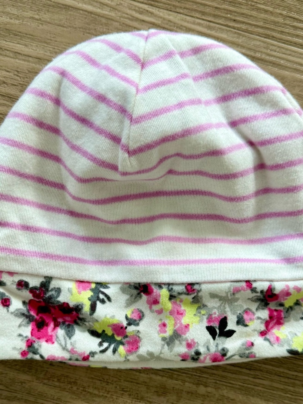 Joules Pink Stripe and Floral Reversible Baby Beanie